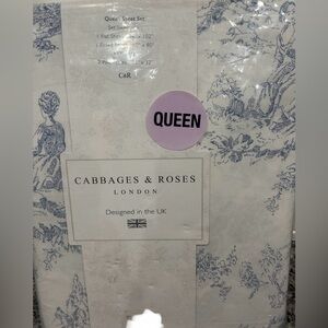 French Blue Country Toile Queen Cotton Percale Sheet Set Cabbages & Roses London
